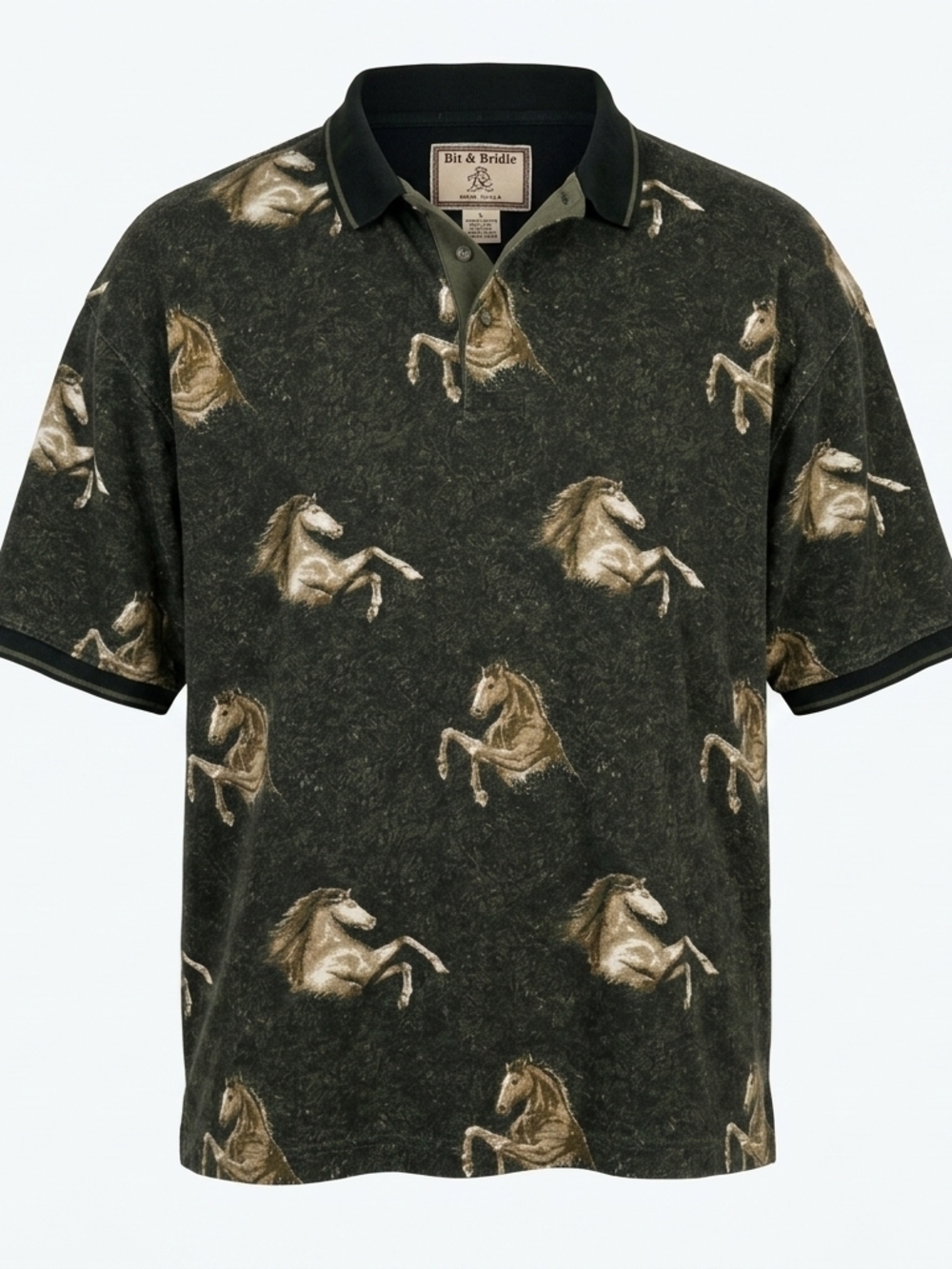 Vintage Bit & Bridle Men's XL Horse Print Polo Shirt - Equestrian All Over Print